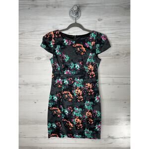 French Connection Dress Womens 8 Black Multicolor Floral Sheath Cap Sleeve Lined